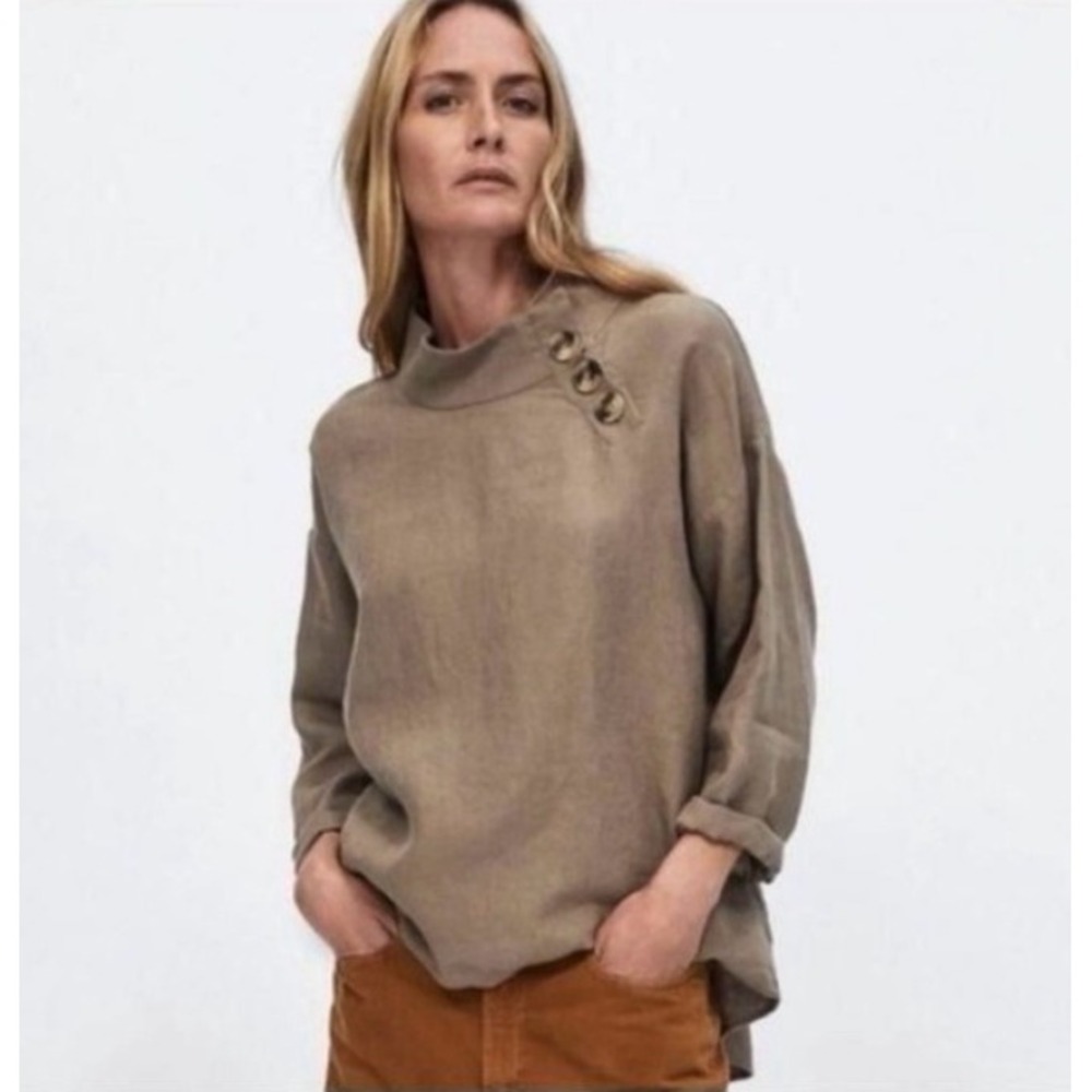 Zara Brown Linen Mock Neck 100% Boxy Tunic Button Accent Lagenlook Minimalist M